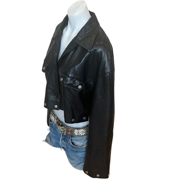 Nanushka Black Faux Leather Moto Jacket MEDIUM Cropped Oversized Designer $625 - Picture 9 of 15